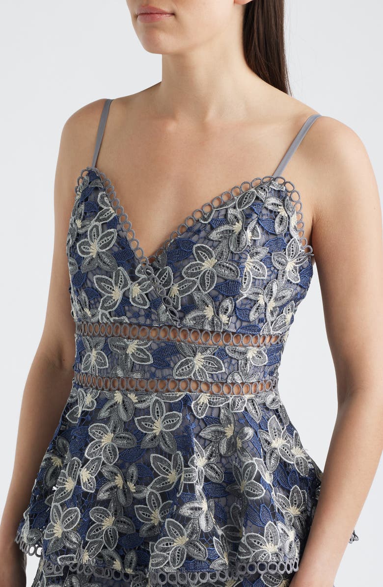 Arose Studio Marcela Floral Embroidered Tiered Midi Dress, Alternate, color, Navy