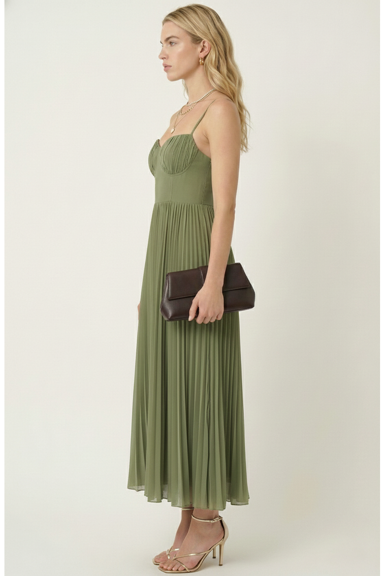 Pleated Bustier Bodice Midi Dress, Alternate, color, Sage Green
