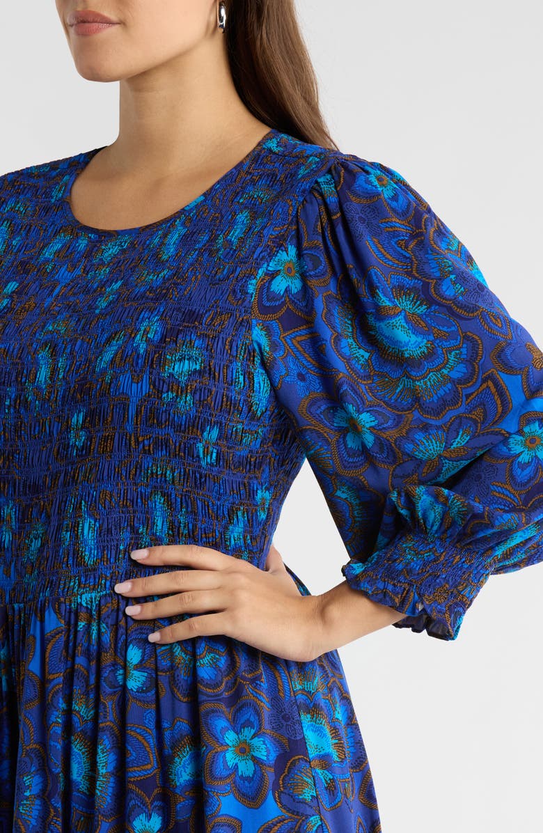 SUGARLIPS Bluford Smocked Long Sleeve Midi Dress, Alternate, color, Navy-Blue