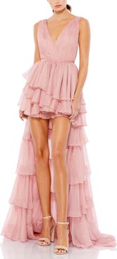 Mac Duggal High Low Tiered Gown with Built In Bodysuit