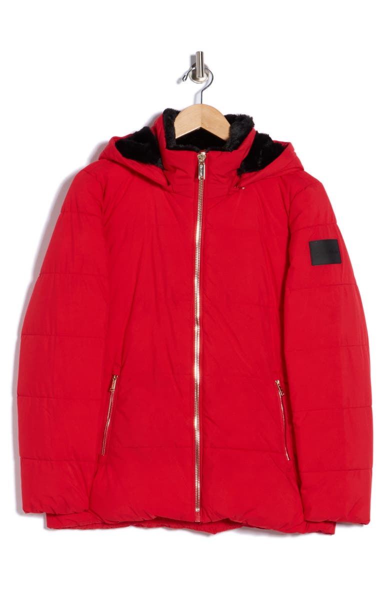 CALVIN KLEIN PERFORMANCE Faux Fur Lined Hood Puffer Jacket, Alternate, color, Red Light / Black