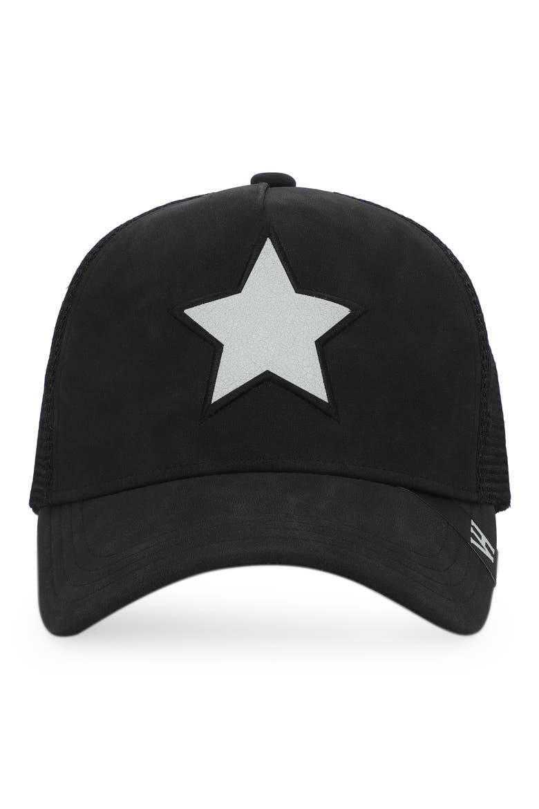 Embroidered Star Patch Mesh Panel Trucker Hat, Main, color, BLACK/ WHITE