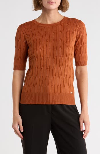 T Tahari Elbow Sleeve Cable Knit Sweater In Brown