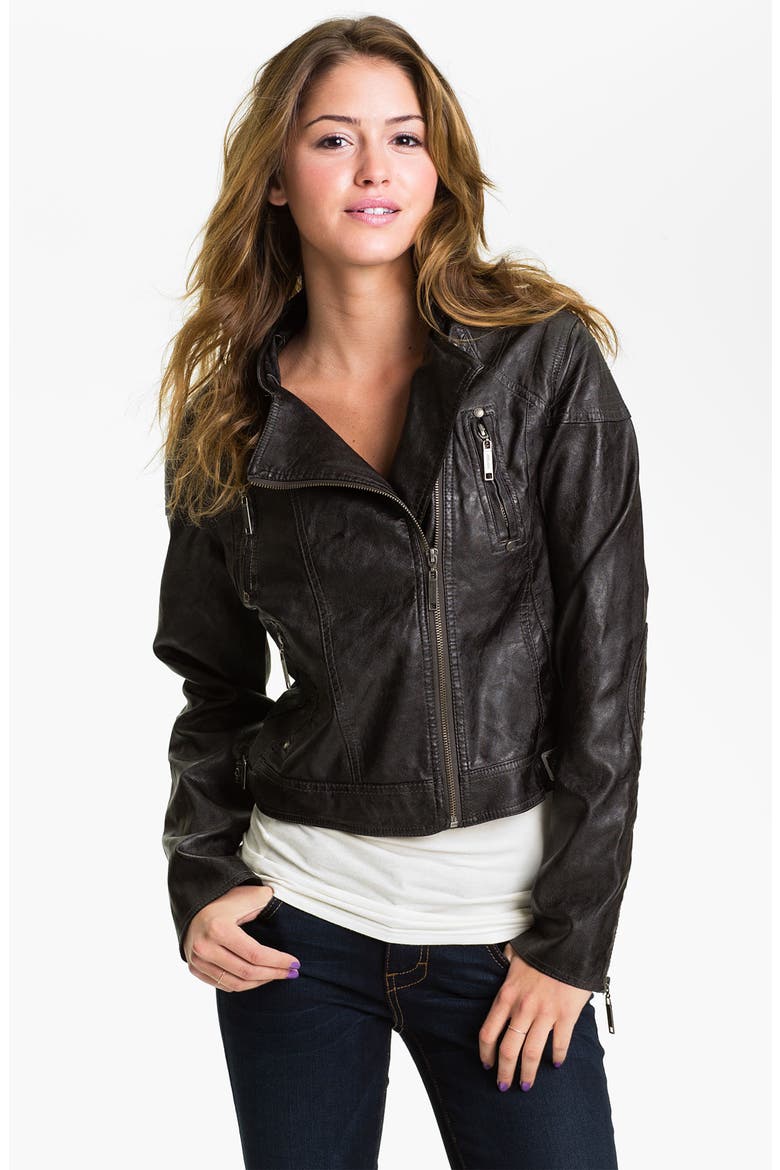 Weathered Faux Leather Quilted Moto Jacket, Main, color, BLACK
