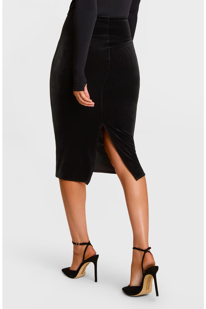 Stretch Velvet Midi Skirt, Alternate, color, BLACK