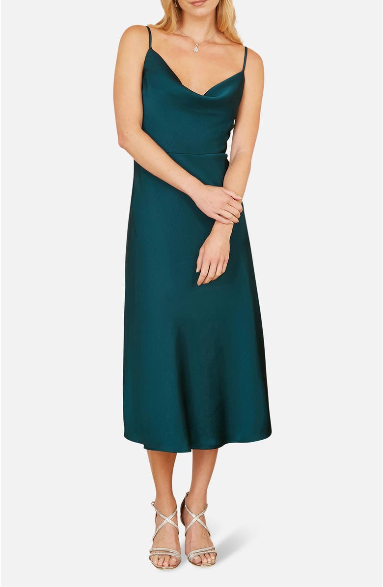 Yumi Satin Cowl Neck Midi Dress, Alternate, color, Green