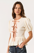 Modenaire Puff-Sleeve Peplum Blouse with Bow-Tie Front Detail