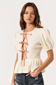 Modenaire Puff-Sleeve Peplum Blouse with Bow-Tie Front Detail