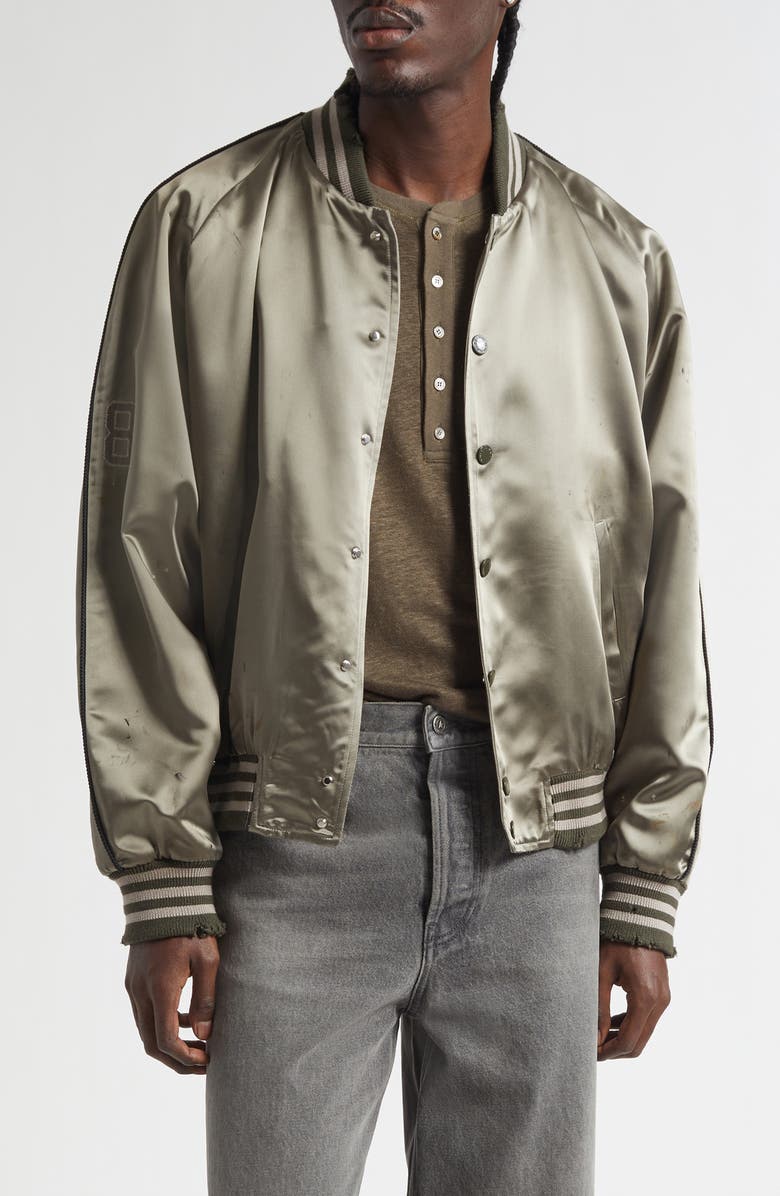 Golden Goose Gender Inclusive Journey Distressed Satin Bomber Jacket, Main, color, Forest