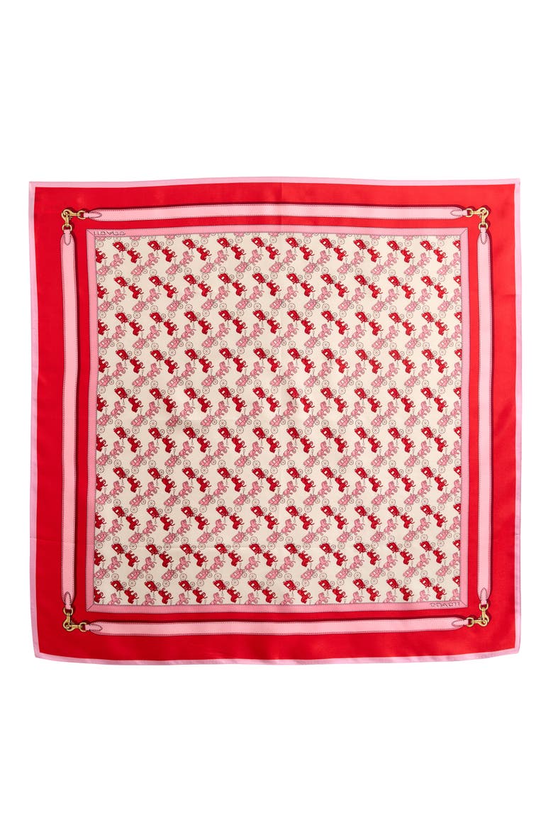 Horse & Carriage Print Silk Square Scarf, Alternate, color, FLAME SCARLET