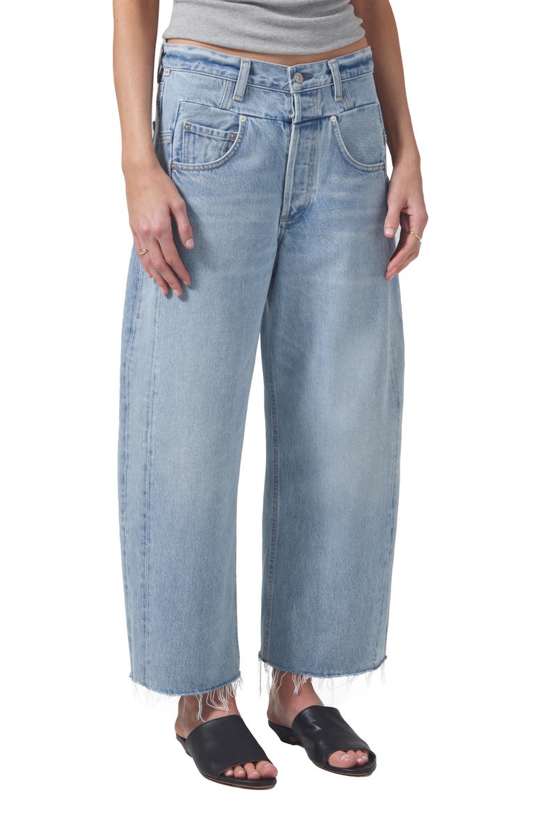 Bisou High Waist Raw Hem Crop Barrel Wide Leg Jeans, Main, color, GEMINI