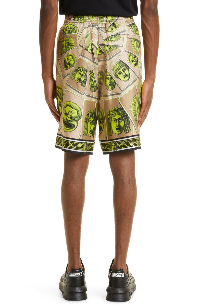 Versace Masks Print Silk Shorts, Alternate, color,