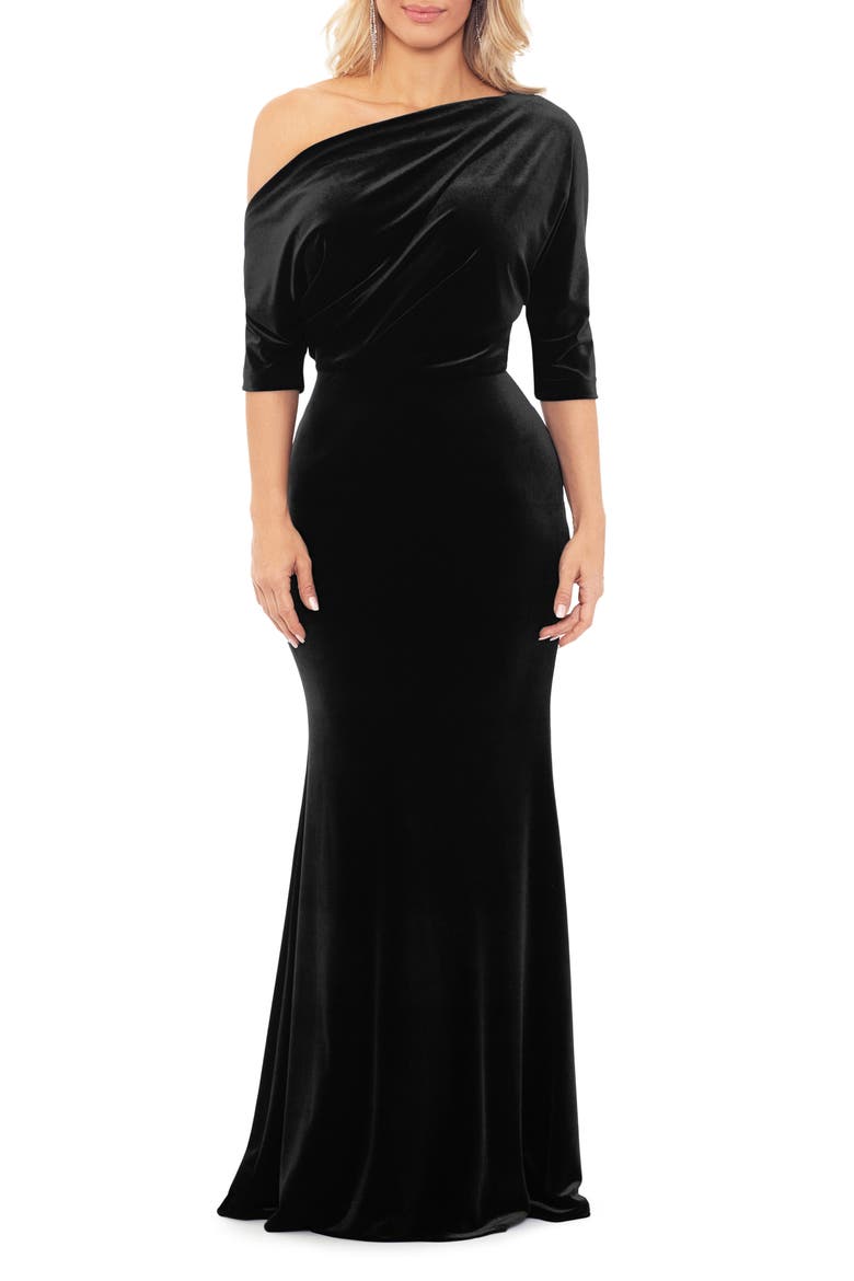 Drape One-Shoulder Velvet Gown, Main, color, BLACK