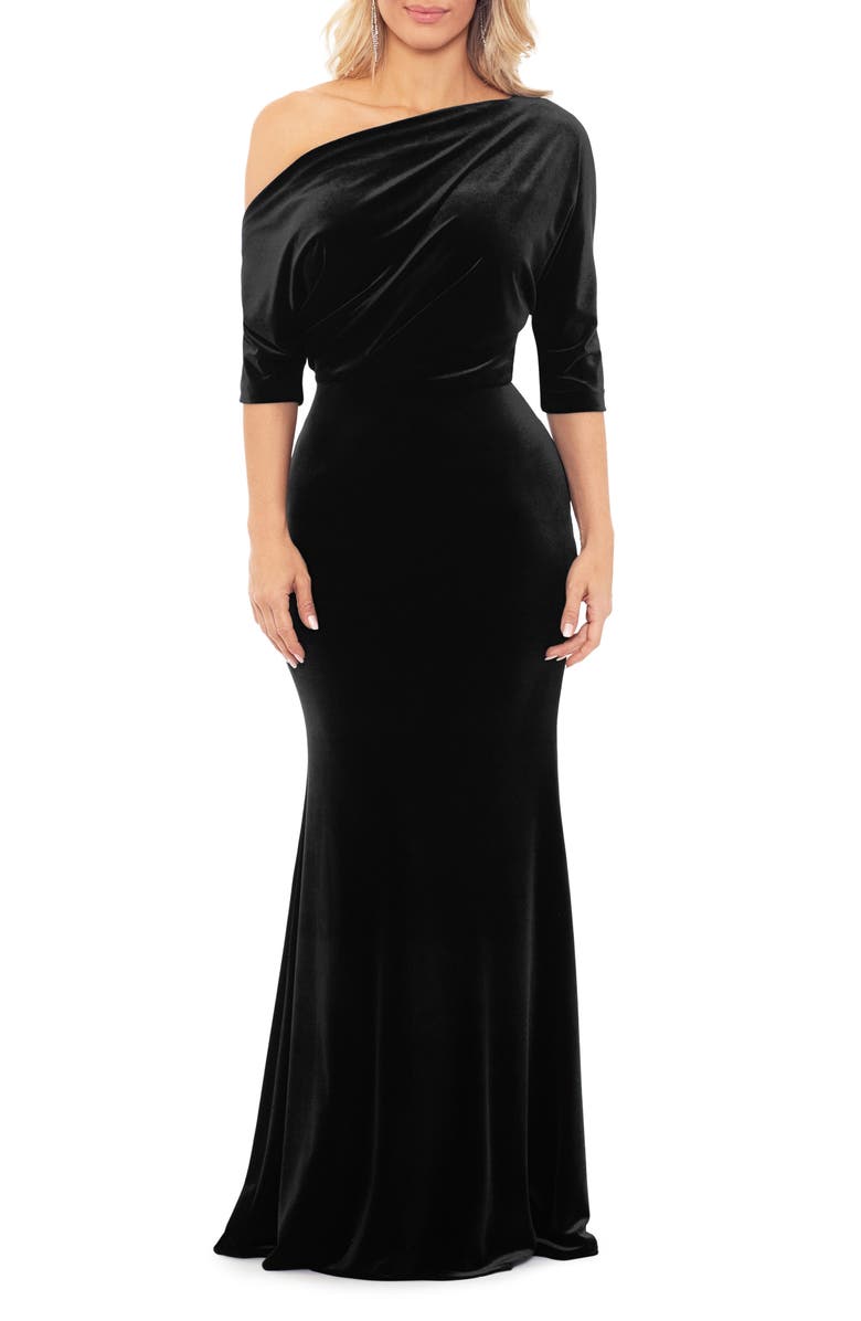 Betsy & Adam Drape One-Shoulder Velvet Gown, Main, color, Black