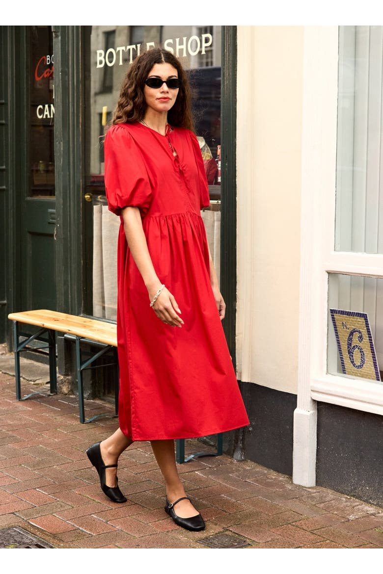 Rose Organic Cotton Tie Midi Dress, Alternate, color, Crimson Red
