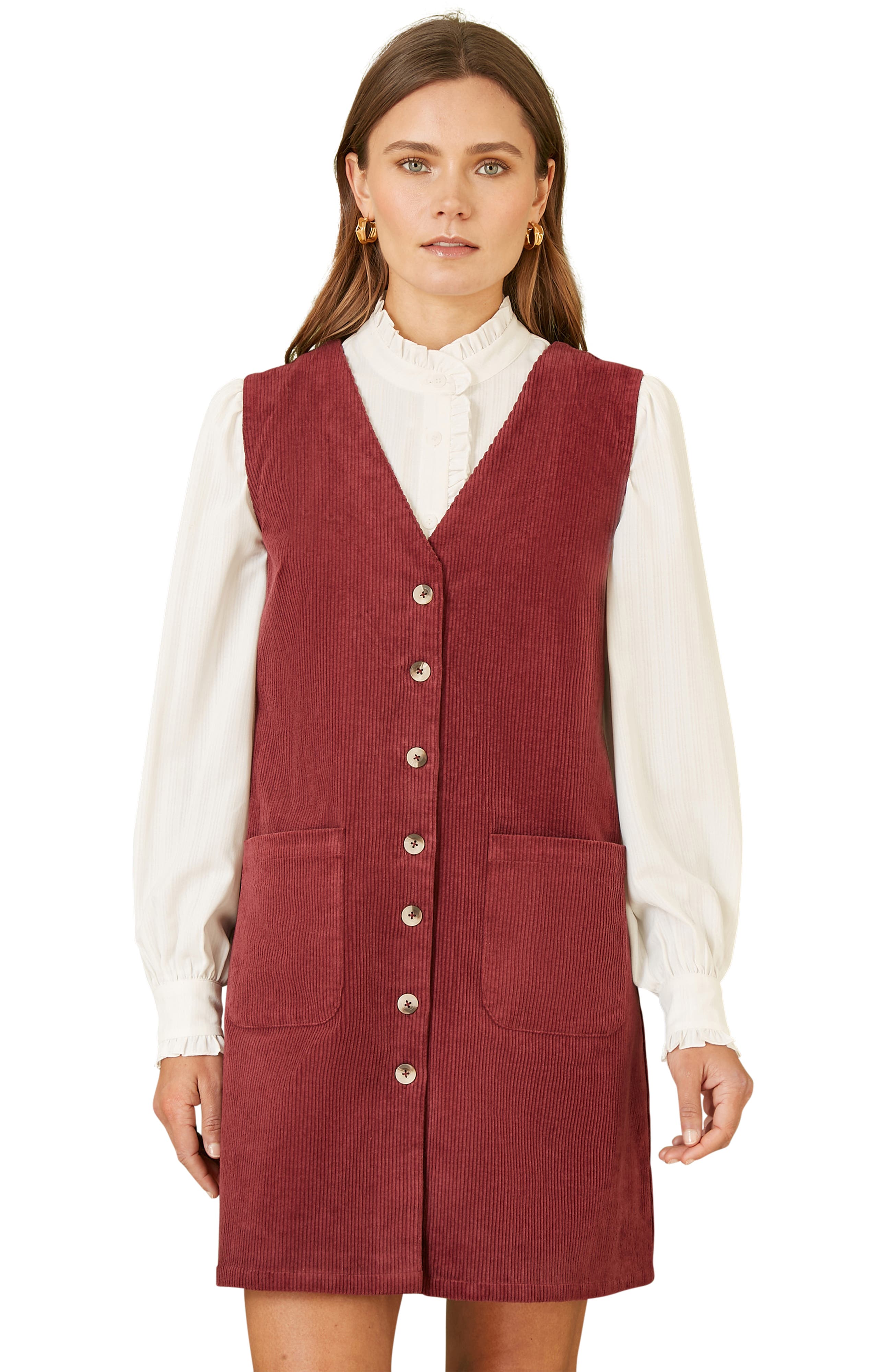 burgundy cord pinafore dress Yumi Button Through With Pockets Cotton corduroy