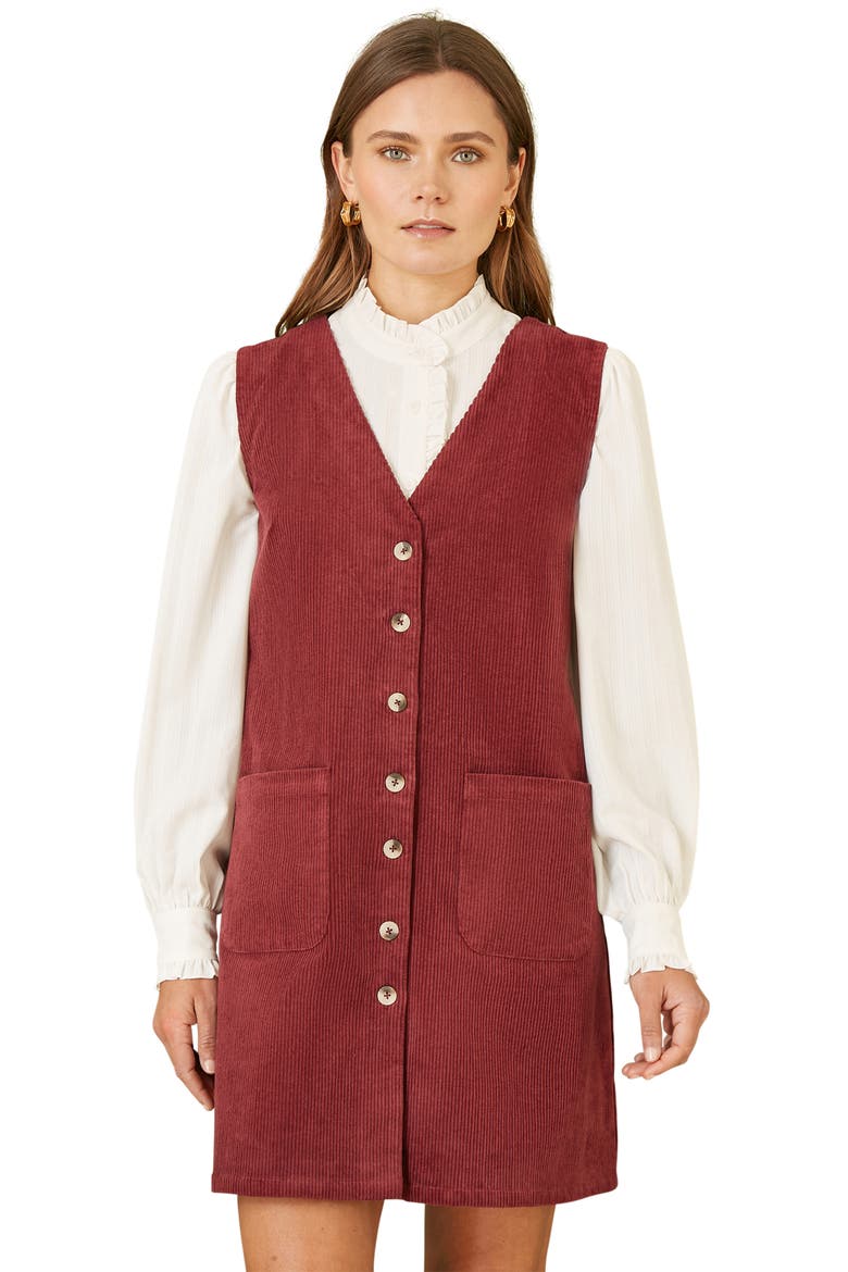 V-Neck Cord Pinafore Dress, Alternate, color, Burgundy
