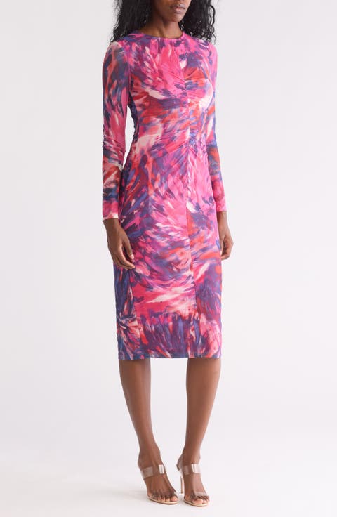 Ruched Mesh Long Sleeve Dress