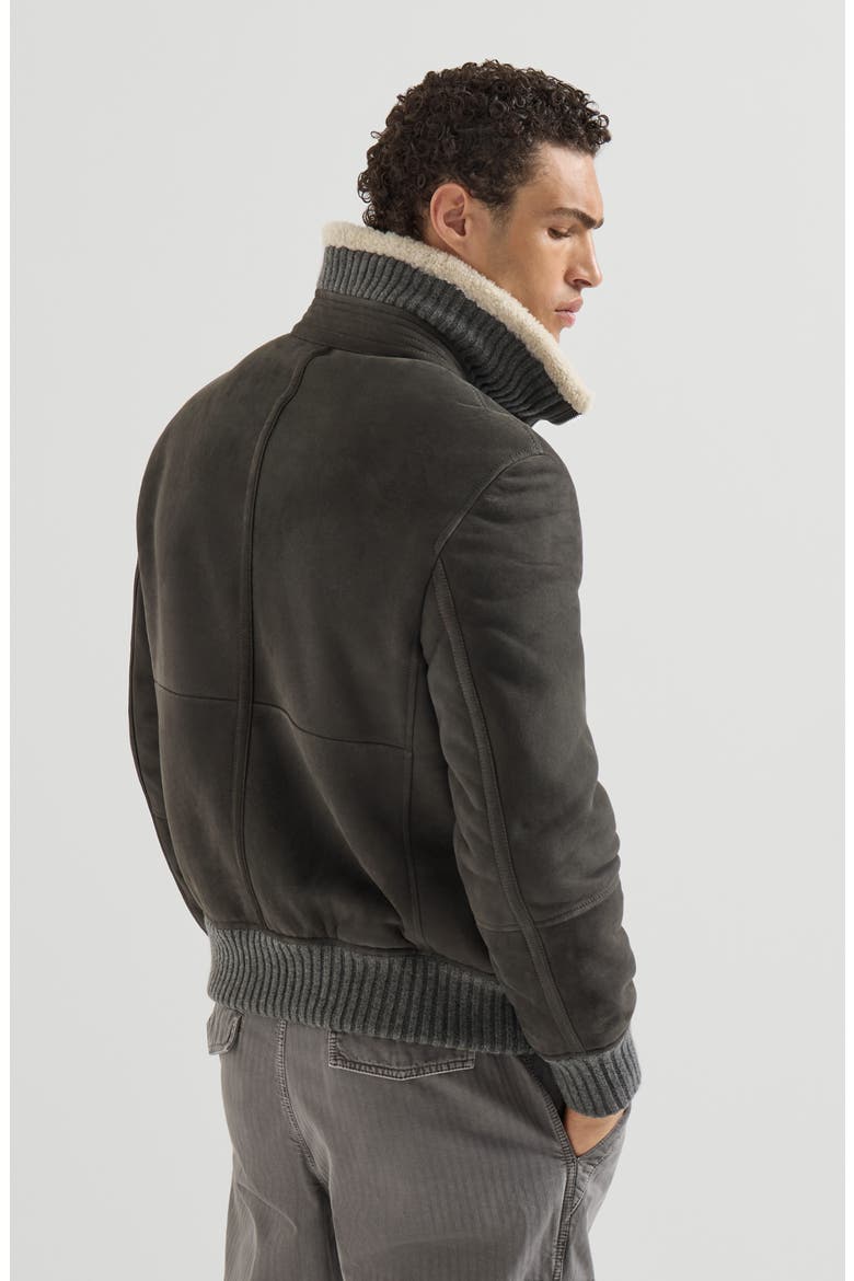 Suede curly shearling bomber jacket, Alternate, color, Grey