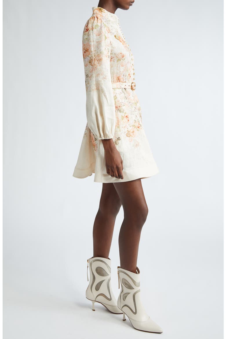 Illustration Floral Long Sleeve Belted Linen Minidress, Alternate, color, CREAM ROCOCO FLORAL