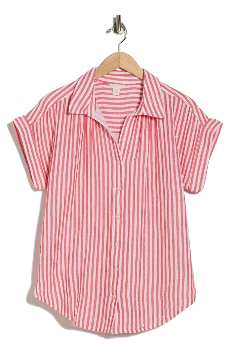 Duo Gauze Button-Up Shirt, Alternate, color, RED RADISH BRIANNE STRIPE