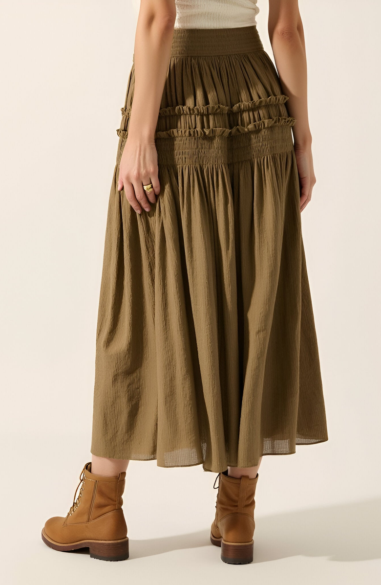 Modenaire Smocked Tiered Ruffle-Trim Flowy Maxi Skirt, Alternate, color, Olive Green