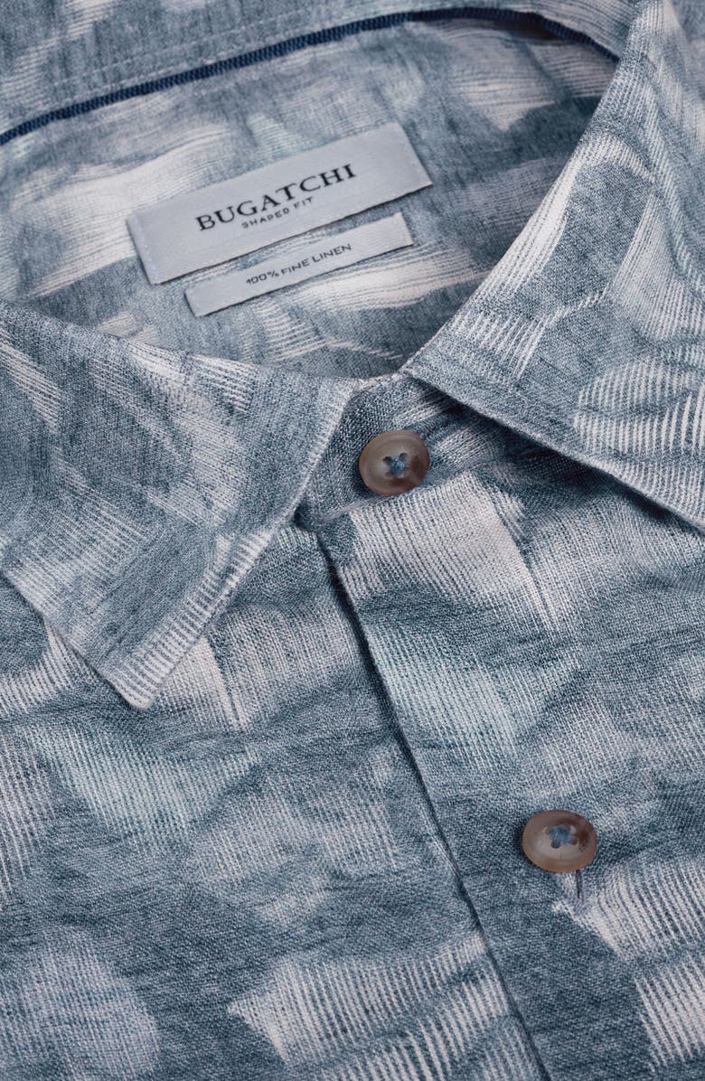 Bugatchi Julian Shaped Fit Abstract Leaf Print Linen Button-Up Shirt, Alternate, color, Ether