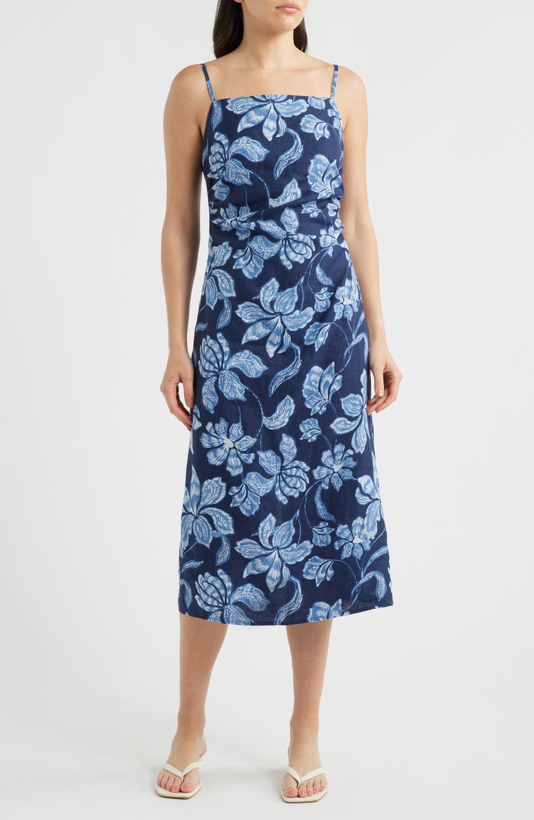 Madewell Sharona Ruched Linen Midi Dress, Main, color, Classic Indigo