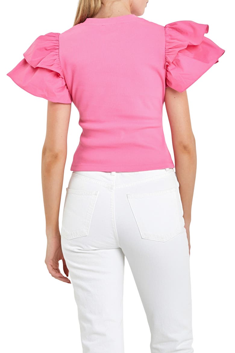 Mix Media Ruffle Sleeve Cotton Rib Top, Alternate, color, PINK
