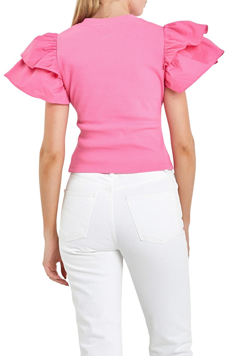 English Factory Mix Media Ruffle Sleeve Cotton Rib Top, Alternate, color, Pink