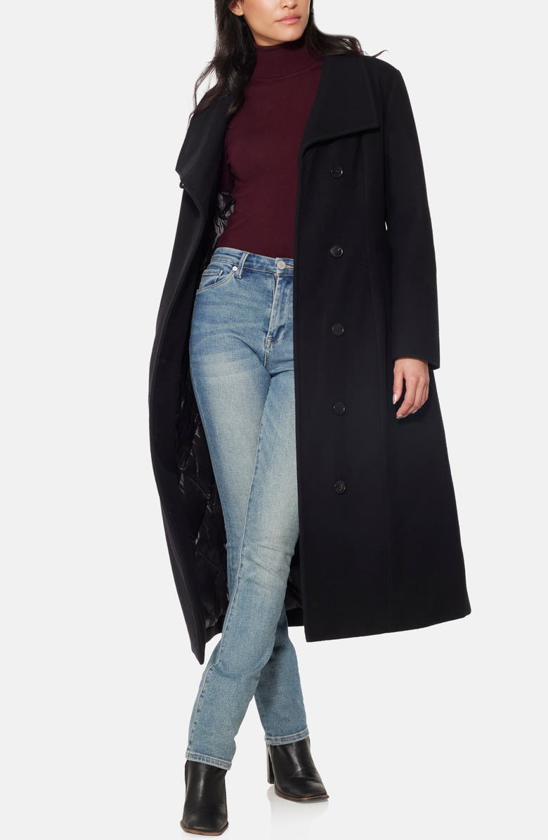 Norwegian Wool Longline City Virgin Wool Blend 753 Fill Power Down Waterproof Coat, Alternate, color, Black