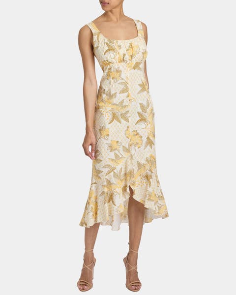 RINA Sleeveless Hi Lo Dress in Floral Cotton Cloque