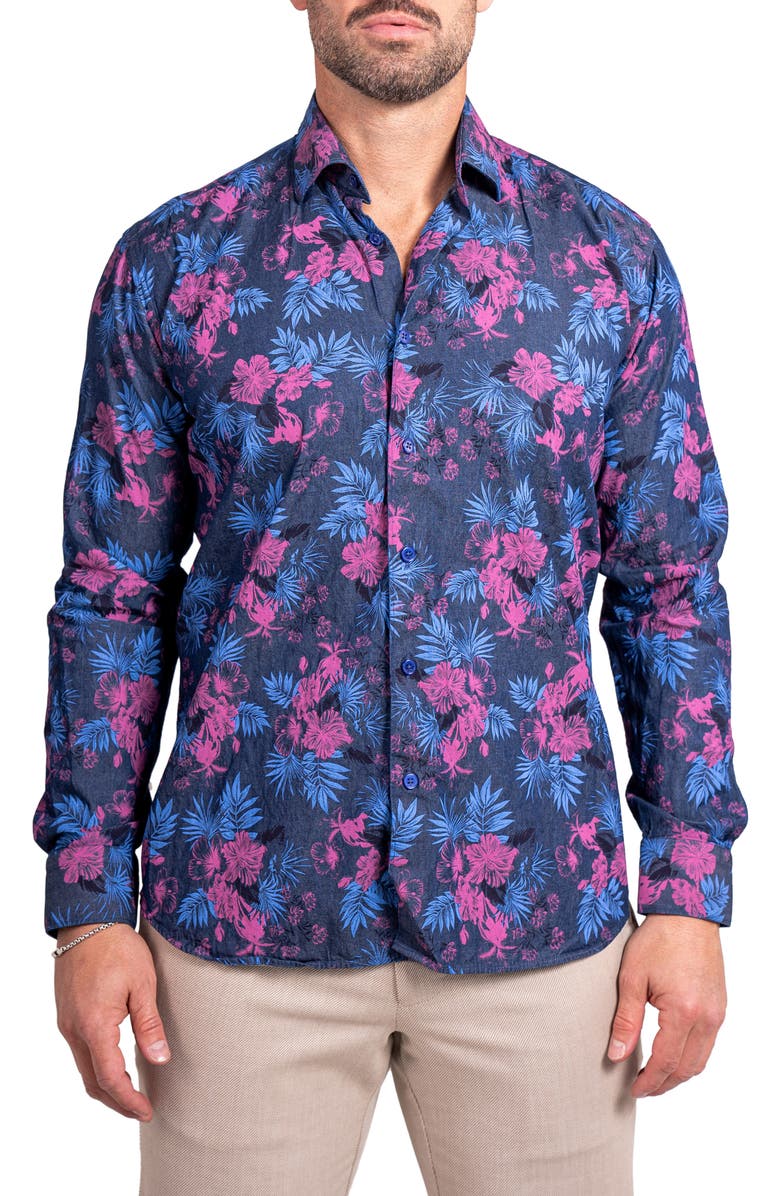 Maceoo Engineered Ascension0093 Blue Floral Cotton Button-Up Shirtr, Main, color, Blue