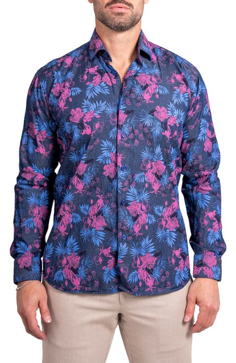 Engineered Ascension0093 Blue Floral Cotton Button-Up Shirtr