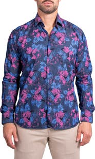 Maceoo Engineered Ascension0093 Blue Floral Cotton Button-Up Shirtr