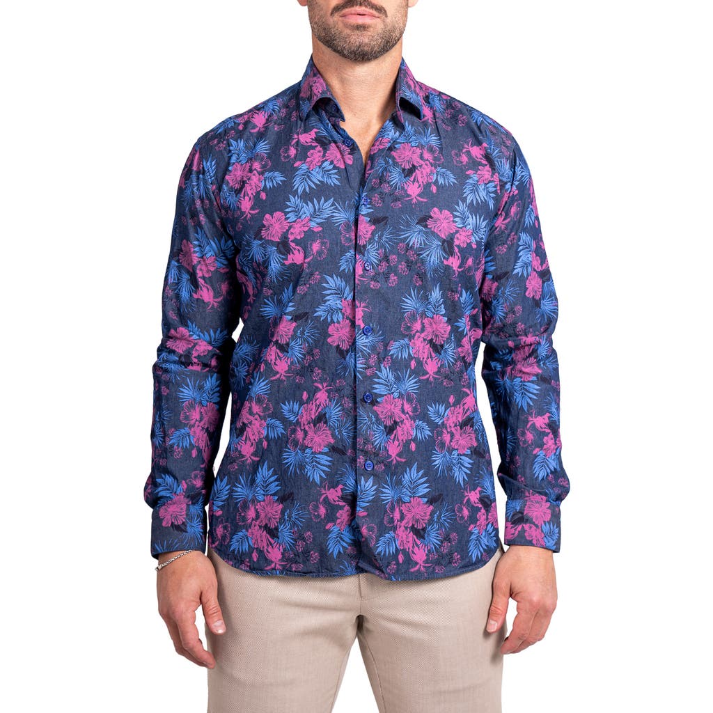 Maceoo Engineered Ascension0093 Blue Floral Cotton Button-up Shirtr In Blue