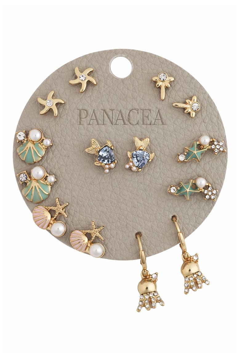Sea Life Set of 7 Assorted Stud Earrings, Main, color, GOLD
