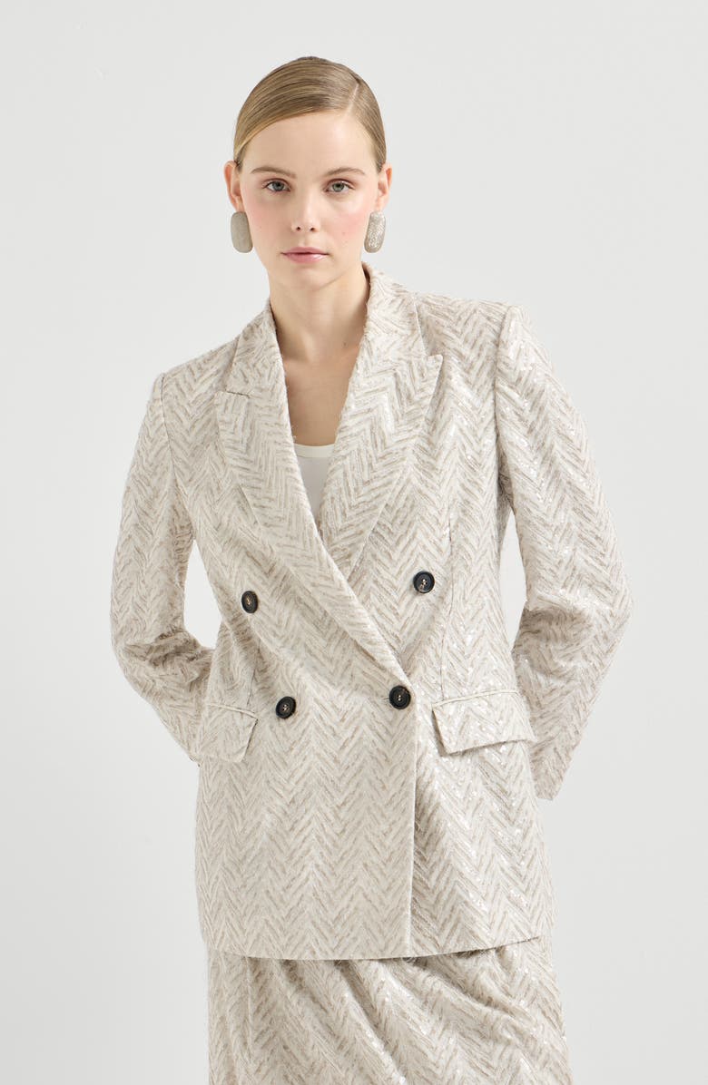 Brunello Cucinelli Dazzling chevron embroidery blazer, Alternate, color, Beige