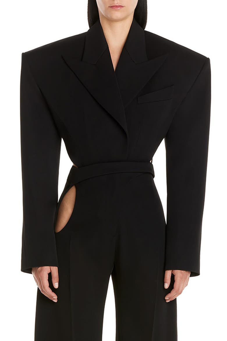 Cutout Wool Gabardine Blazer Bodysuit, Main, color, BLACK