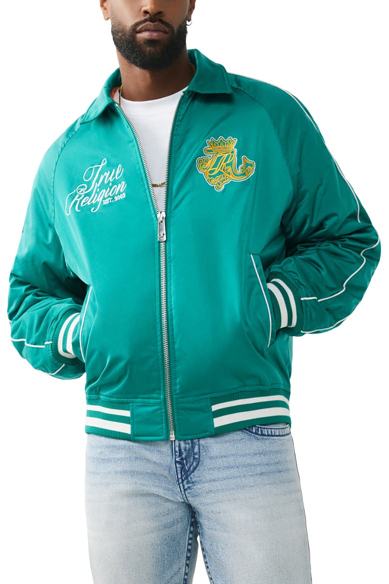 Crest Satin Retro Bomber Jacket, Main, color, ULTRA MARINE GREEN