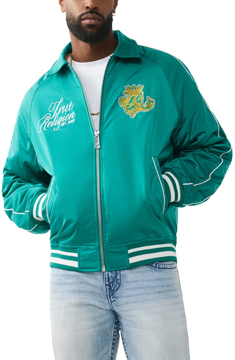 True Religion Crest Satin Retro Bomber Jacket, Main, color, Ultra Marine Green
