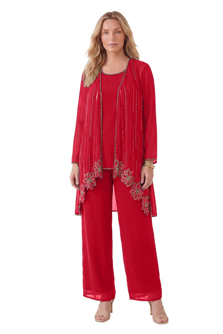 Plus Size Long Sleeve Floral Beaded Georgette Three Piece Pant Set, Main, color, CLASSIC RED