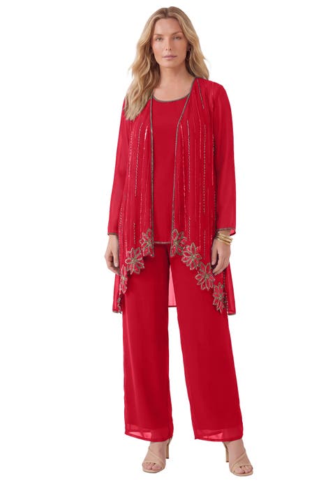 Plus-Size Long Sleeve Floral Beaded Georgette Three-Piece Pant Set (Plus)