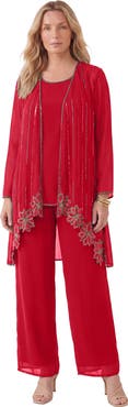 Roaman's Plus Size Long Sleeve Floral Beaded Georgette Three Piece Pant Set