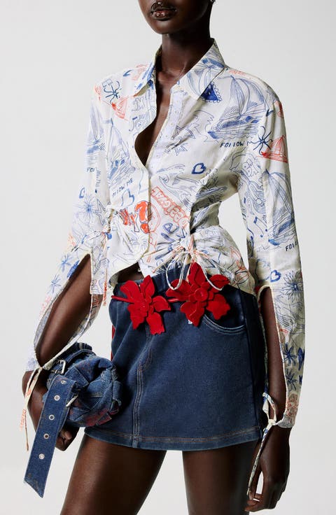 Ruched Long Sleeve Cotton Button-Up Shirt