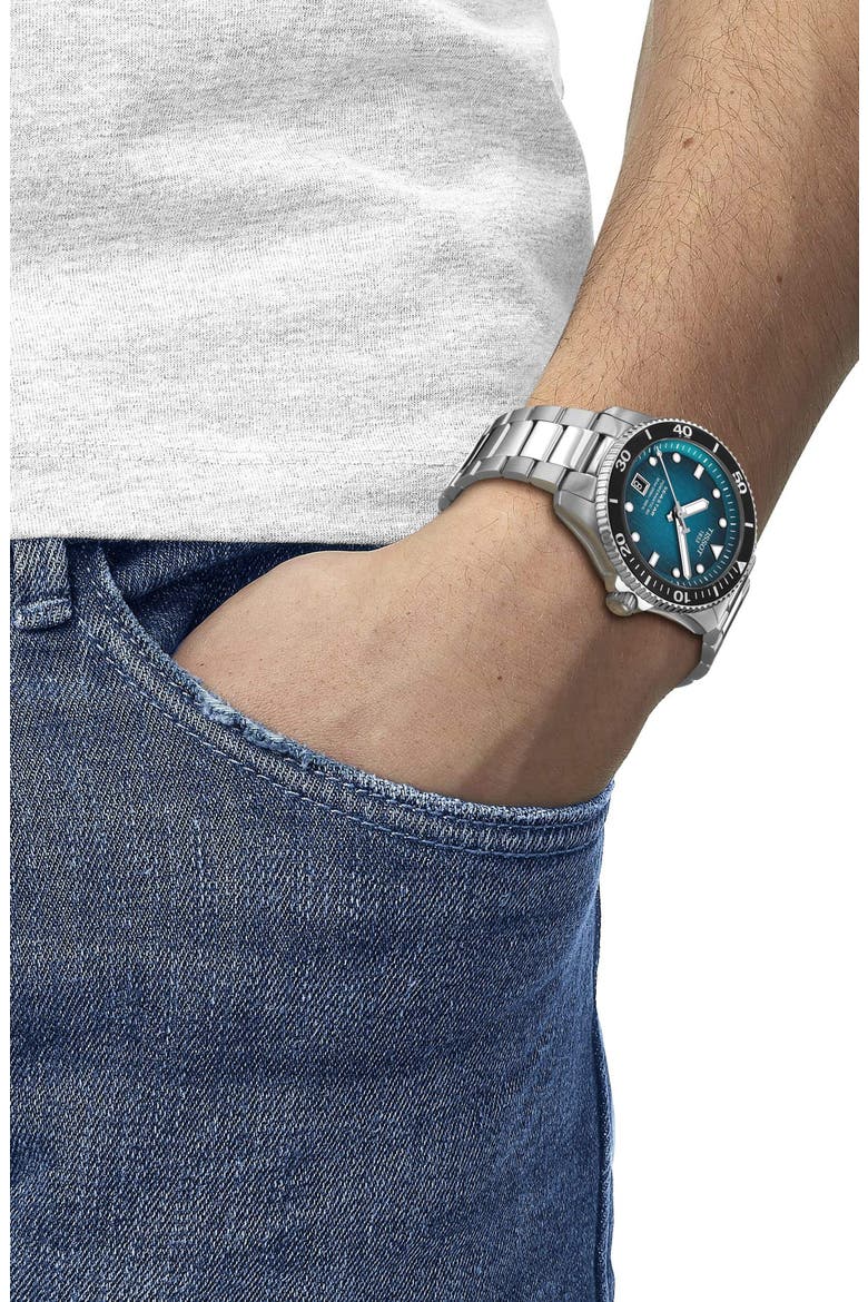 Tisso Seastar 1000 Powermatic 80 Bracelet Watch, 40mm, Alternate, color, TURQUOISE/SILVER