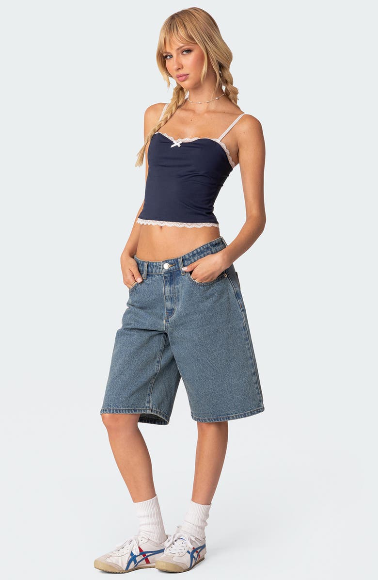 EDIKTED Alara Lace Trim Crop Camisole, Alternate, color, Navy