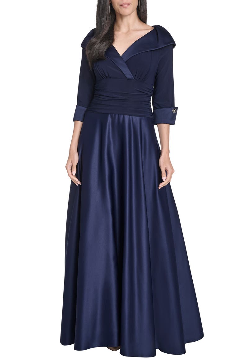 Portrait Collar Mixed Media Ballgown, Main, color, NAVY