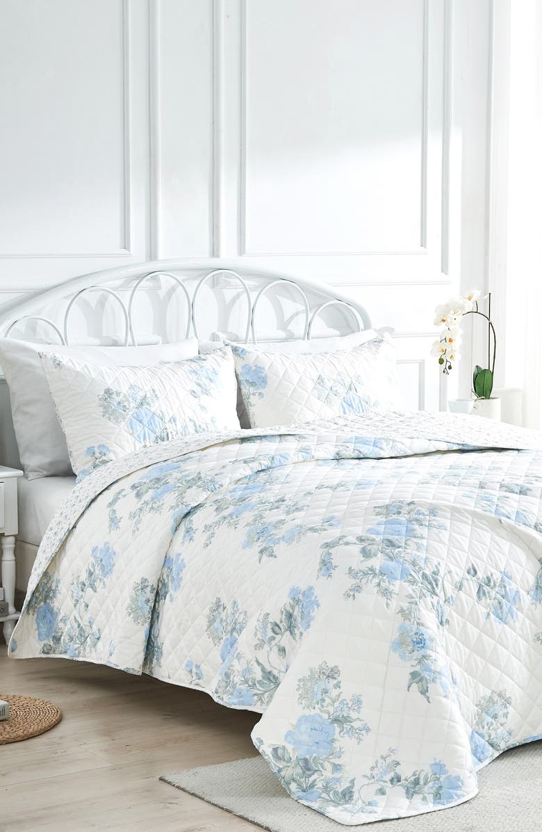 MELANGE HOME Rose Percale Cotton Quilt & Shams Set, Alternate, color, Blue/ Blue