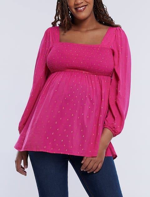 Smocked Square Neck Long Sleeve Babydoll Maternity Top